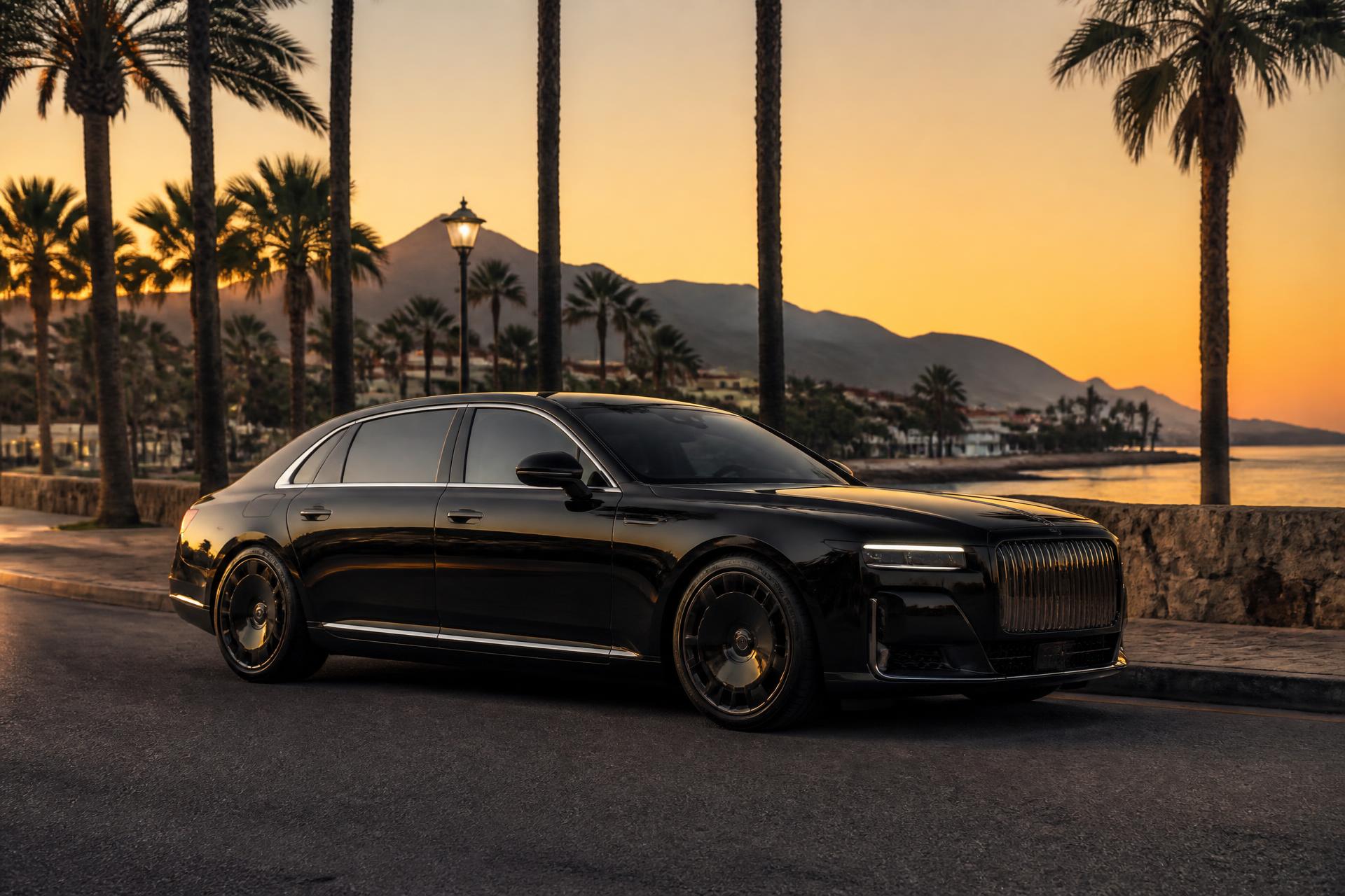 Luxury black chauffeur car on the Marbella coast at sunset
